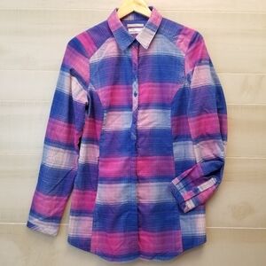 {M} Columbia Omni-Wick Blue Pink Plaid Button Down